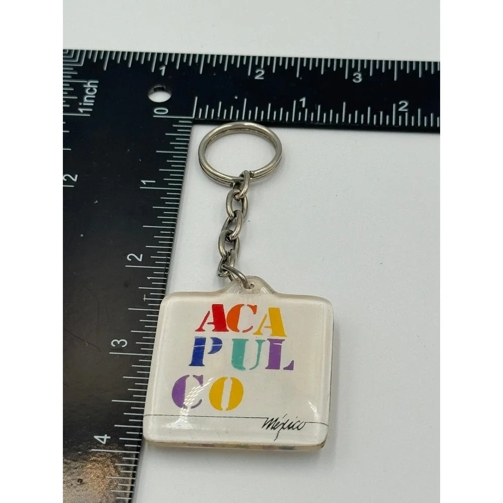 Vintage Acapulco Mexico Souvenir Keychain Acrylic Square Multi Color‎ Retro